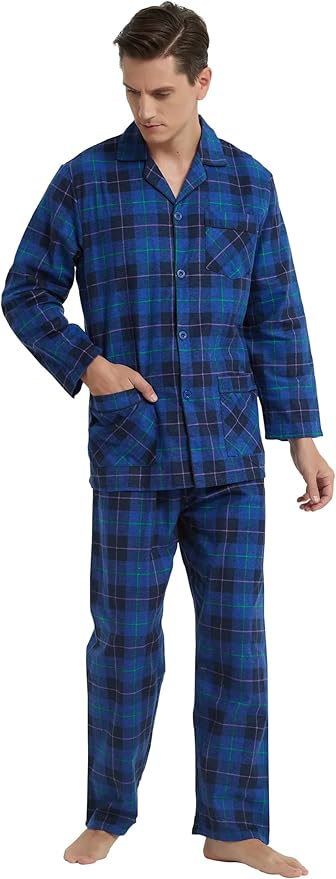 GLOBAL Men's Pajamas Sets 100% Cotton Flannel Sleepwear Long-Sleeve top & Bottom