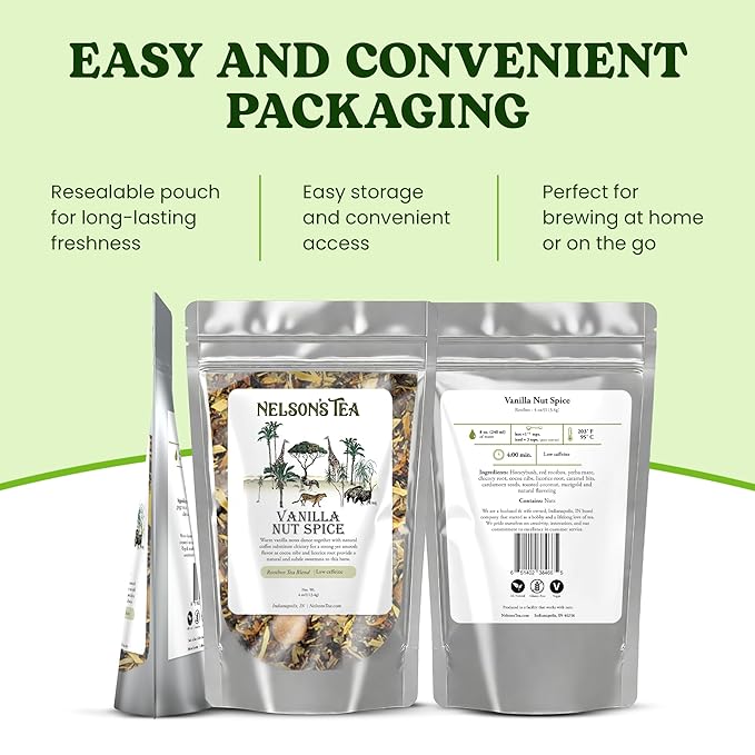 Nelson's Tea Vanilla Nut Spice - Cut & Sifted, Low Caffeine Rooibos Loose Leaf Tea with Honeybush, Yerba Mate, Chicory Root, Licorice Root, Cardamom Seeds, Coconut and Marigold Herbal Blend (4 oz)