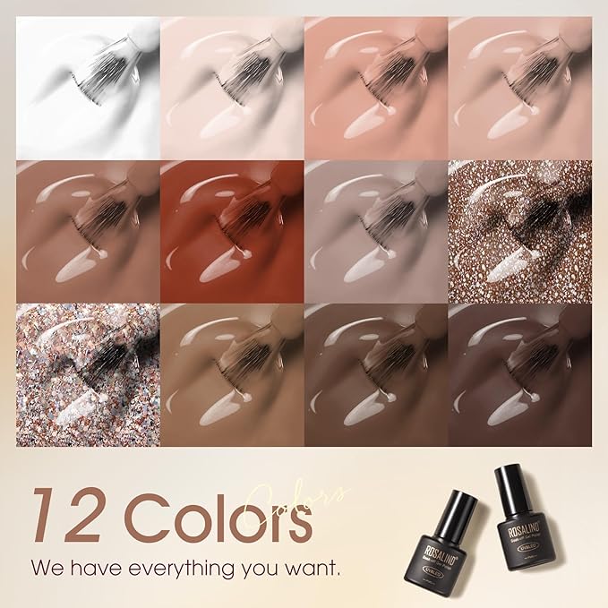ROSALIND Nude Brown Gel Nail Polish Set, 12 Colors White Nude Brown Gel Polish Soak Off Classic Gel Polish Set for Nail Art Gift