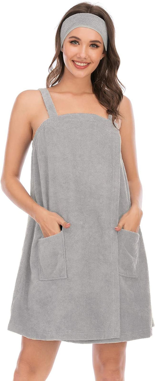 Veseacky Women Bath Wrap Towel for Womens Shower with Pocket Adjustable Spa Robe & Facial Headband