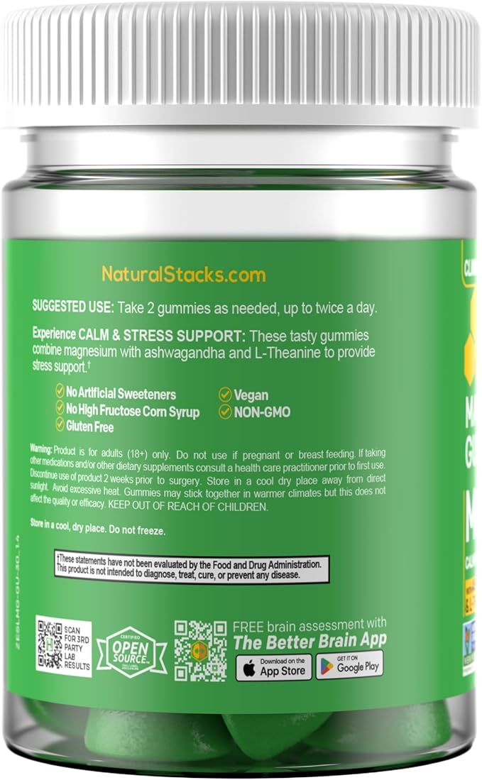 Zen Magnesium Gummies - 200mg Magnesium Citrate & 125mg Sensoril Ashwagandha Gummies - with L Theanine for Calm & Stress Support - Mag Citrate and Ashwagandha Supplement - 30 Green Apple Chewables