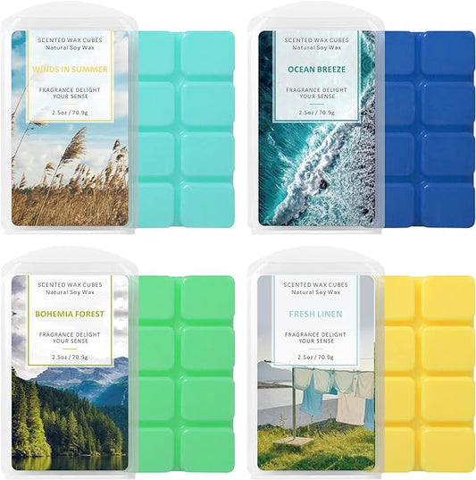 STRN Scented Wax Melts Wax Cubes Long Lasting Strong Scent, Soy Wax Cubes for Warmer Jelly Wax Melts Set, Ocean Breeze, Fresh Linen, Bohemia Forest, Summer Wind (4 x 2.5oz)