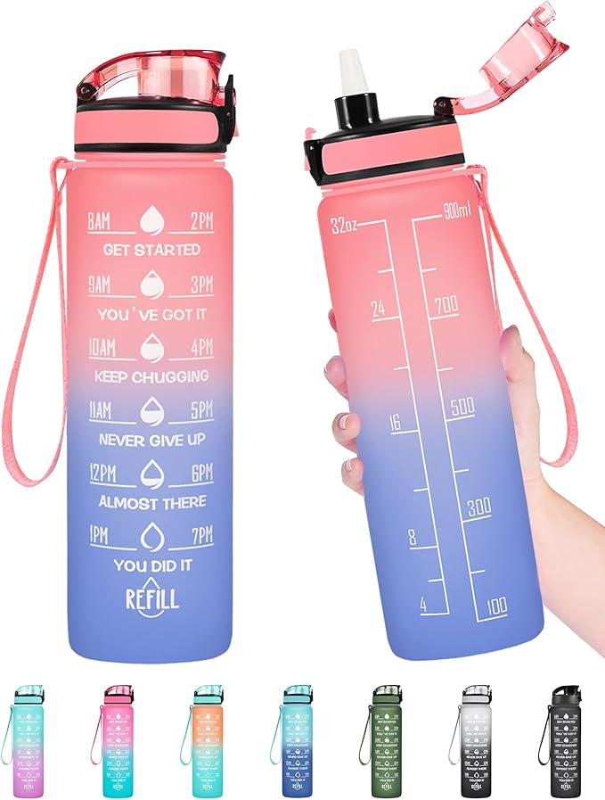 Enerbone Water Bottle, Leakproof BPA & Toxic Free, Motivational Water Bottle with Times to Drink and Straw, Fitness Sports Water Bottle with Strap for Office, Gym, Outdoor Sports