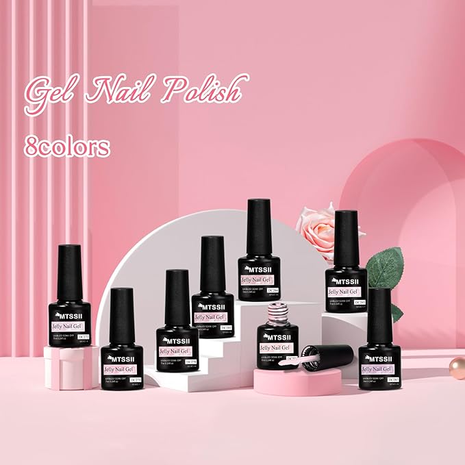 MTSSII Sheer Gel Nail Polish Set Jelly UV Gel 8 Colors Translucent Milky White Pink Nude Purple Colors Nail Polish For All Seasons Neutral Soak off LED Lamp Gel Manicure Kit for Nail Art