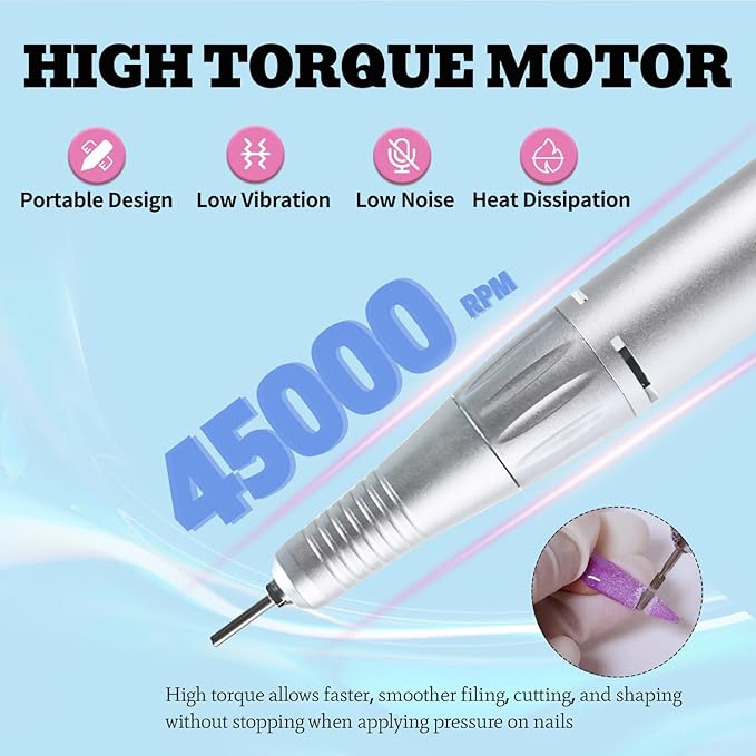 Professional Nail Drill File 45000RPM Electric Portable Nails Drills Kit with Rechargeable 7 uñas Bits Cordless Efile for Poly Gel Acrylic Nails Remover Home Salon Pedicure Manicure Tool (Purple)