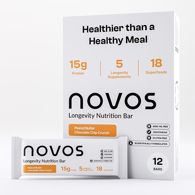 Novos Longevity Protein Bar - Peanut Butter - 15g Protein, 5 Longevity supplements, 20 Superfoods, Organic Olive Oil, Seed Oil Free, Targets Causes of Aging, Skin, Mind and Mood Support, 12-Pack