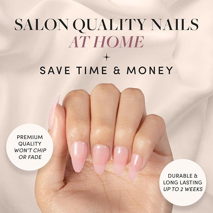 Glamnetic Press On Nails - Cloud 9 | Jelly UV Finish Medium Pointed Almond Shape, Salon Quality Pink Nail Kit in 15 Sizes, Semi-Transparent - 30 Nail Kit with Glue