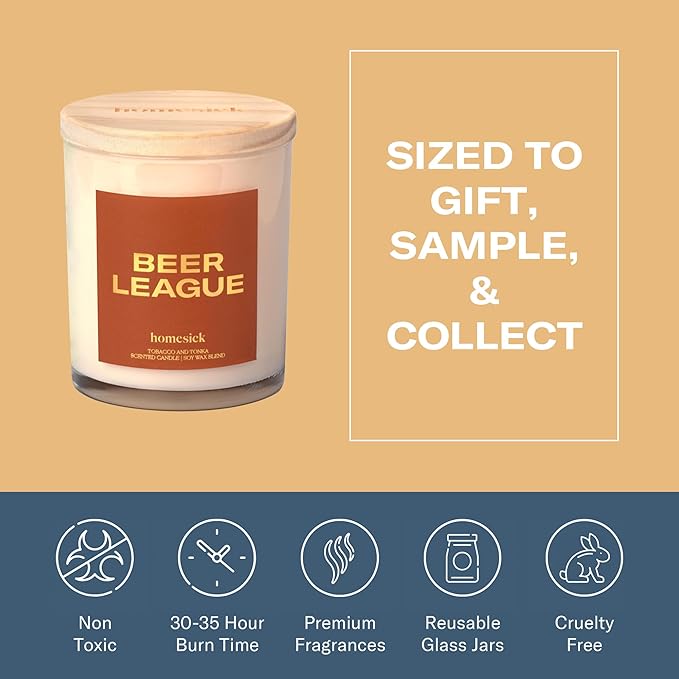 Homesick Scented Candles for Home (Beer League) - 7.5 oz Long-Lasting Natural Soy Wax Blend Jar Candle Gift for Women & Men for All Occasions, 30-35 Hours Burn Time - Notes of Tobacco & Tonka