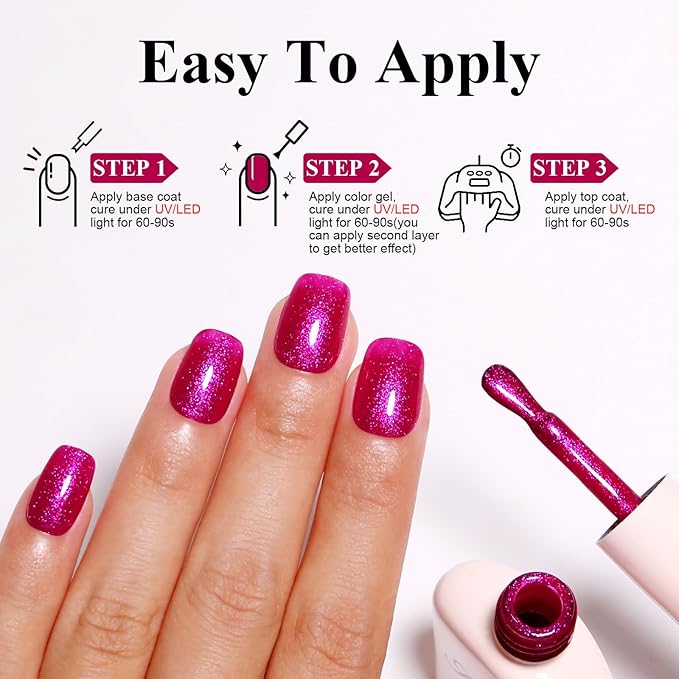 Imtiti Hot Pink Iridescent Glitter Gel Nail Polish, Soak Off LED U V Shimmer Sparkle Nail Gel Polish DIY Nail Art Starter Manicure Salon Kit for Women Girls 10ML