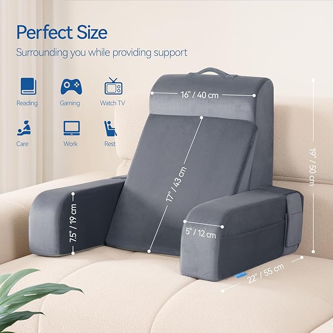 Kayfia Reading Pillow, 10 in 1 Back Pillow for Bed Sitting up with Detachable Arms Rest, Back Rest with Gel Memory Foam, Husband Pillow for Reading/Gaming/Working in Bed or Couch 19", Gray