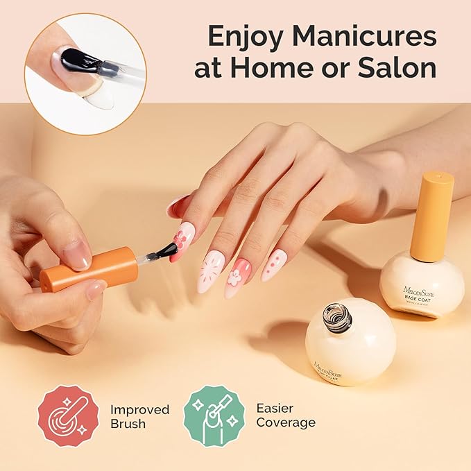 MelodySusie Plant-Based 16.5ml 2Pcs Gel Base and Glassy Top Coat Set, Unique Tilt-and-Stand Bottle for Easy Gel Access, TPO&HEMA&HPMA Free, No Wipe Foundation for UV Light Cured with Long Wear Shine