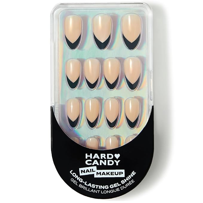 Black French Tip Long Press-On Nails – Hard Candy Glossy Gel-Shine False Nail Kit with Nail Glue, 30 Pieces, Reusable (Black Tip, Long)
