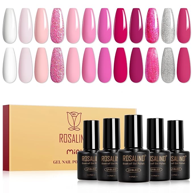 ROSALIND Pink Gel Nail Polish Set, 12 Colors Hot Pink Glitter Pink Gel Polish Gel Polish Set Soak Off Spring Gel Nail Polish Collection