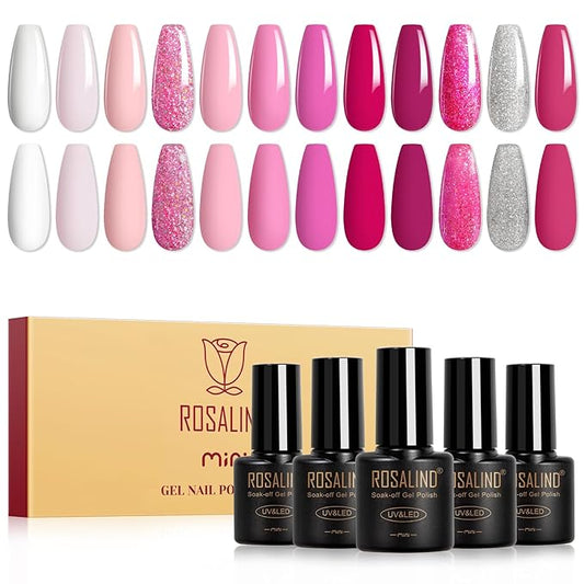 ROSALIND Pink Gel Nail Polish Set, 12 Colors Hot Pink Glitter Pink Gel Polish Gel Polish Set Soak Off Spring Gel Nail Polish Collection