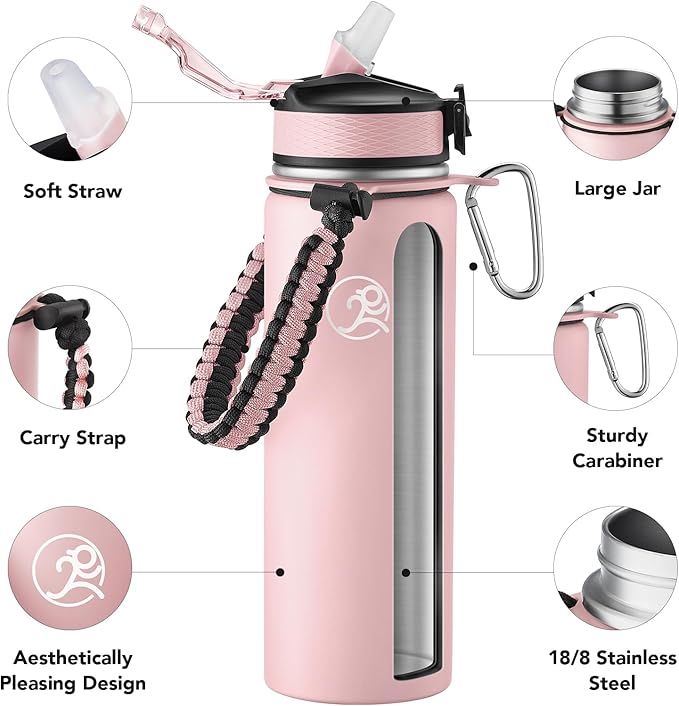 GOSWAG Insulated Sports Water Bottle, 24oz 2 Lids(with Straw/No Straw), Stainless Steel Water Bottles with Paracord Handle, Insulated Bottle with Double-Wall Vacuum Insulation