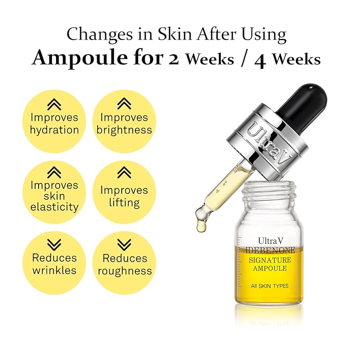 Ultra V Idebenone Signature Ampoule - Anti Aging Antioxidant Serum – Peptides, Niacinamide, Hyaluronic Acid – Anti Wrinkle, Smoothes, Softens Skin - 0.27 fl.oz 4 Packs 12,000ppm