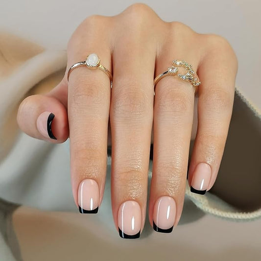 Black French Tip Press on Nails Square - Soft Gel Press on Nails Short, Fit Perfectly & Natural Stick on Nails with Glue in 16 Sizes - 32 Reusable Fake Nails for Women Gift, Black French