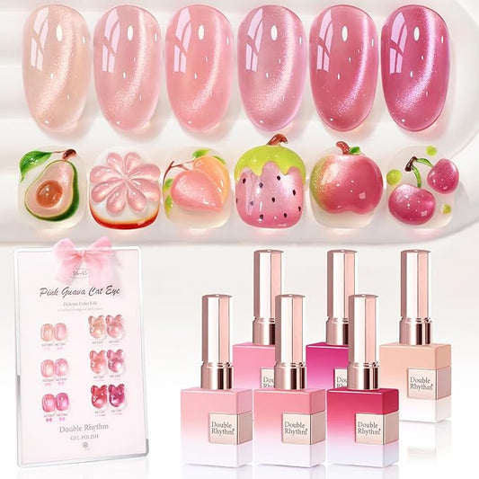Double Rhythm Cat Eye Gel Nail Polish Set of 6 Same Color Same Bottle 0.5 Oz Shimmer Glitter with Magnet Holographic Reflective Magnetic UV Nail Polish Kit at Home (Glass Nude Pink Rose-T6-45)