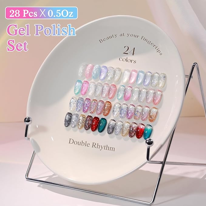 Double Rhythm 28Pcs 0.5Oz Glitter Gel Nail Polish Set Same Color Same Bottle Soak Off Kit Nail Art Manicure Salon DIY at Home (Sparkle Pearl Shimmer Collection-T24-9)