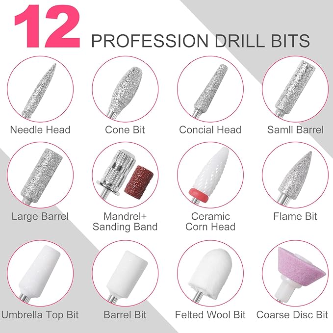 MEKK Nail Drill Kit,35000RPM Electric Nail Drill Professional Electric Nail File with 12PCS Bits,Anti-Shaking Cordless E Filer for Nails,Home & Salon(Sliver)