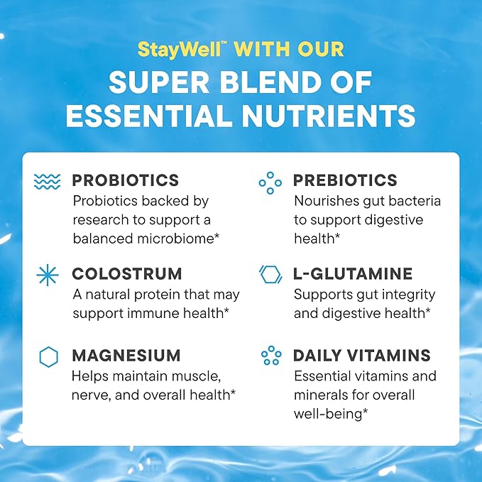 Daily Nouri StayWell Digestive & Immunity Drink Mix | Gut Health, Digestion & Bloating Relief | Probiotics, Prebiotics, Colostrum, L-Glutamine, Magnesium, Zinc, Vitamins | 30 Stick Packs