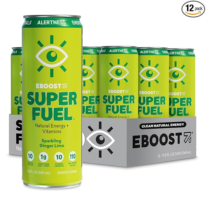 EBOOST Super Fuel Healthy Energy Drink - Caffeine from Natural & Clean Ingredients For Focus and Productivity -Taurine Free Pre-Workout With Electrolytes, Nootropic & Vitamins - Ginger Lime, 12 Pack