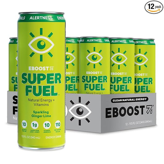 EBOOST Super Fuel Healthy Energy Drink - Caffeine from Natural & Clean Ingredients For Focus and Productivity -Taurine Free Pre-Workout With Electrolytes, Nootropic & Vitamins - Ginger Lime, 12 Pack