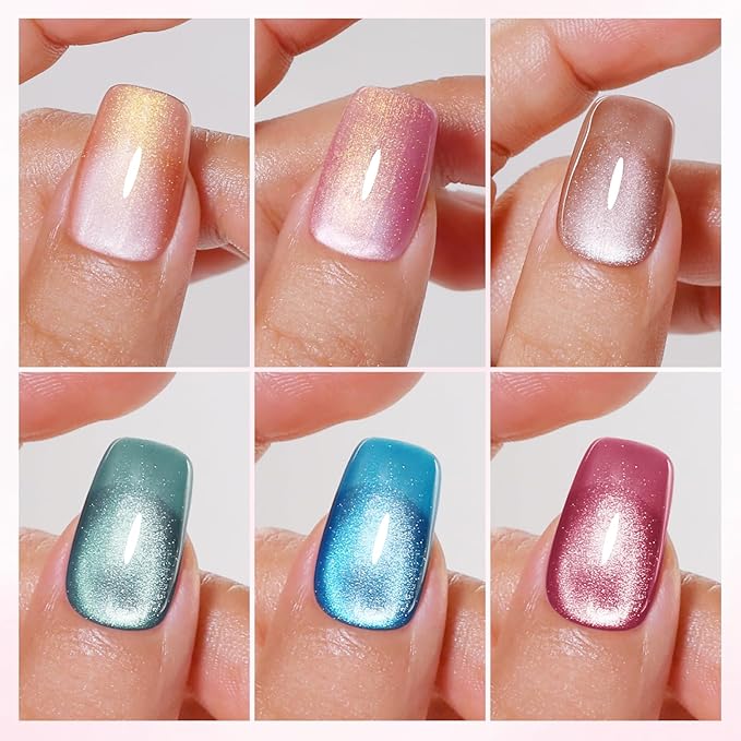 10ml Hema-Free Cat Eye Gel Nail Polish Set with Magnet 6 Colors Pink Green and Blue Magnetic Nail Polish DIY at Home Salon Art Gift for Women