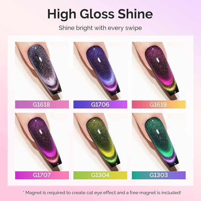 MelodySusie 9D Chameleon Cat Eye Gel Nail Polish Set 6 PCS, 15ml 0.5 Fl Oz Red Rosy Pink Glitter Holographic Magnetic Nail Polish with Magnet, UV Nail Polish for Nail Art Manicure Salon DIY at Home