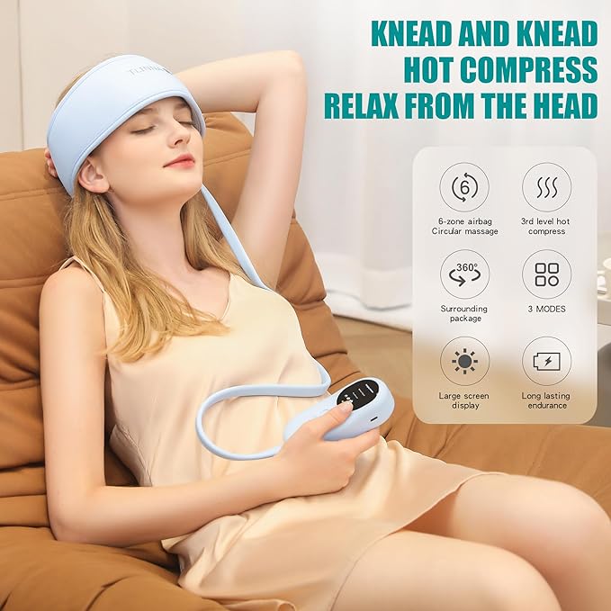 Head Massager,Scalp Massager,Relief Headaches,Fatigue,Stress,Sleep aid,Hangover with Airbag Kneading,Constant Temperature Hot Compress for Head 100% Natural Sleep (Sky Blue)