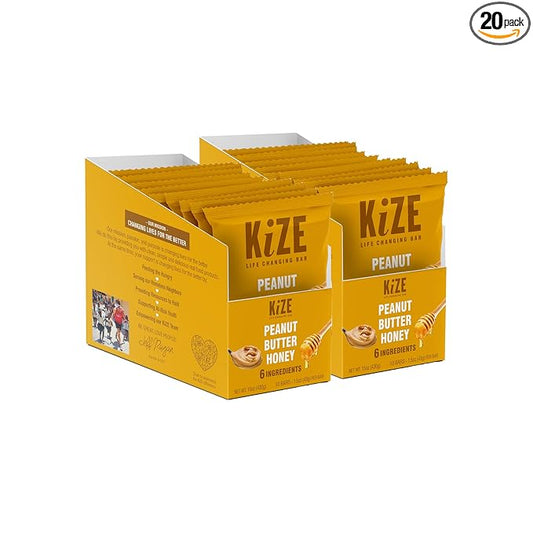 KiZE Energy Bars - Peanut Butter Honey - 20-Count - Gluten Free, Dairy Free, Non-GMO, and High Protein Meal Replacement Energy Bars, Clean and Simple Food Ingredients - 7g High Protein Snacks (20 Count)