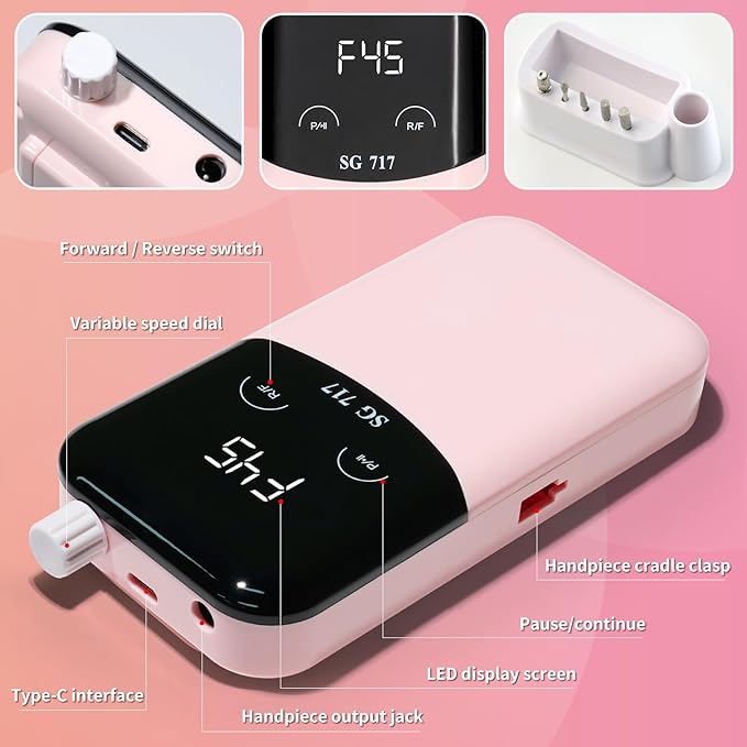 LIMEGIRL Professional Electric Nail File Drill Bits Kit 45000RPM for Acrylic Toenail Machine Clippers with 14 Drill Bit Pink Portable Rechargeable Cordless