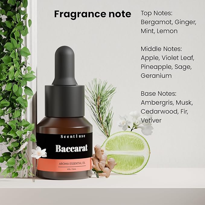 Hotel Diffuser Oil & Fragrance Scent Oil Inspired Baccarat - Essential Oil Blend for Home HVAC, Cold-Air & Ultrasonic Diffusers 15mL Glass Dropper Bottle with Luxury 5-Star Hotel Aromatherapy