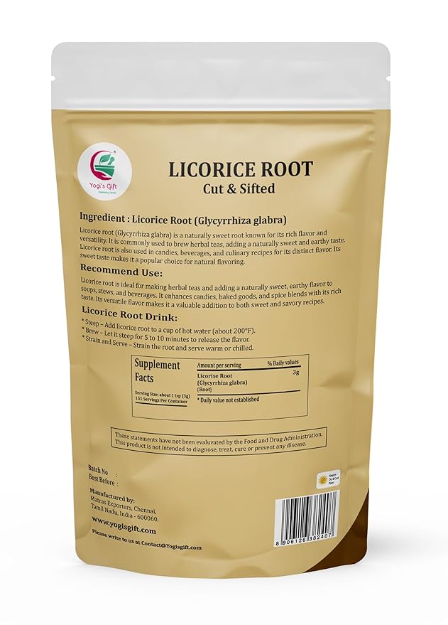 Licorice Root 1 LB, Cut and Sifted, 100% Pure & Natural Dried Licorice Root, Premium Quality, Ideal for Tea, Herbal Blends, and Wellness Uses - By Yogi’s Gift®