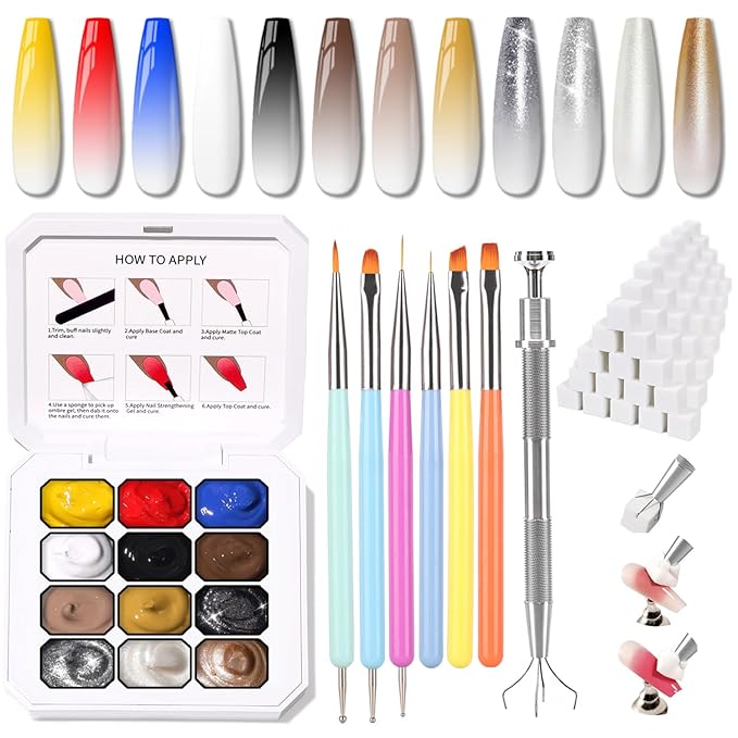 Chrome Metallic Gel Polish Set, Glitter Golid Silver 12 Colors Ombre Patting Gel Nail Polish Palette, 100 Sponges 6 Brushes 1 Grabber, Painting Art No Wipe UV/LED Cured (Set 06)