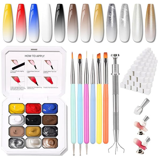 Chrome Metallic Gel Polish Set, Glitter Golid Silver 12 Colors Ombre Patting Gel Nail Polish Palette, 100 Sponges 6 Brushes 1 Grabber, Painting Art No Wipe UV/LED Cured (Set 06)