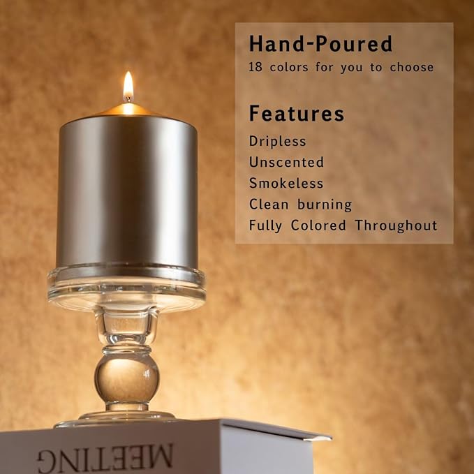 MOZEAL 3" x 8" Hand-Poured Unscented Candles,Large Silver Pillar Candles Set of 2,No Drip,Approx 120 Hours Long Burning,Wedding,Dinner,Christmas and Home Decor（3 Inch Diameter 8 Inch Height）