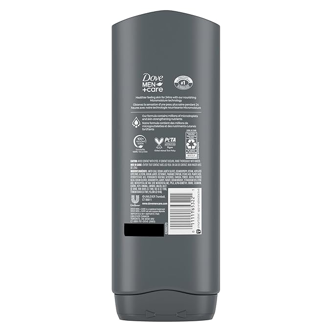 DOVE MEN + CARE Elements Body Wash Charcoal + Clay, Effectively Washes Away Bacteria While Nourishing Your Skin, Gray, 18 Fl Oz (Pack of 2)