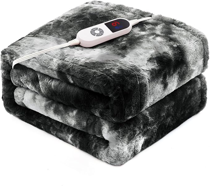 Electric Heated Throw Blanket 50"x60",Luxury Black Faux Fur Electric Blanket,Fast Heating Soft Fluffy Thick Electric Blanket with 6 Heating Levels & 12H Auto Off