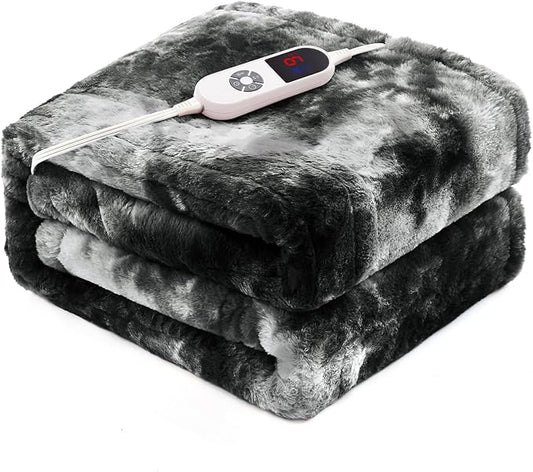 Electric Heated Throw Blanket 50"x60",Luxury Black Faux Fur Electric Blanket,Fast Heating Soft Fluffy Thick Electric Blanket with 6 Heating Levels & 12H Auto Off