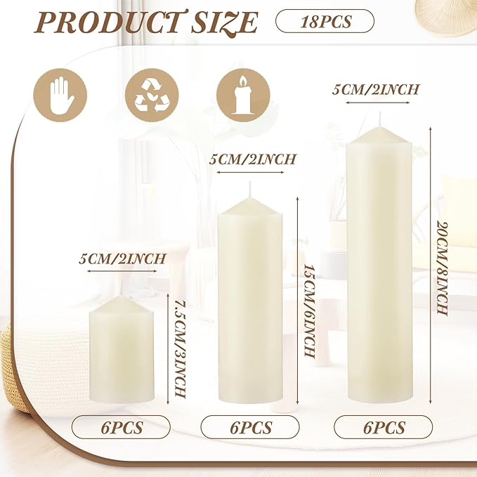 MTLEE 18 Pcs Set of 3 Pillar Candles Bulk 2 in x 3, 6, 8 Long Burning Clean Unscented Smokeless Pillar Candles for Wedding Emergency Lanterns Ceremony Party (Ivory White)