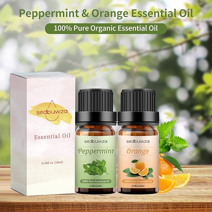 Sedbuwza Peppermint Orange Essential Oil Set, Peppermint Fragrance Oil Orange Scent Oil Set for Diffuser, Aromatherapy, Massage, Soap, Candle Making 2 x 10 ml