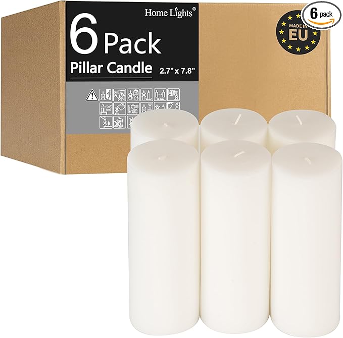 HomeLights Pillar Candles - 2.7x8 inch | 80 Hours Burning, 6 Count - White Unscented Smokeless European Pillar Candles - Perfect for Wedding, Parties, Spas, Home Gatherings and Dinner
