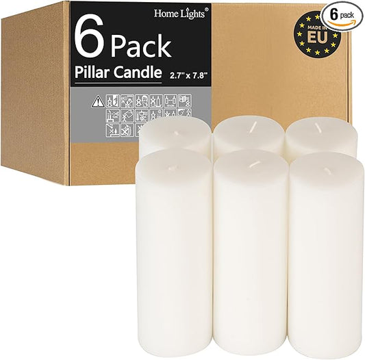 HomeLights Pillar Candles - 2.7x8 inch | 80 Hours Burning, 6 Count - White Unscented Smokeless European Pillar Candles - Perfect for Wedding, Parties, Spas, Home Gatherings and Dinner
