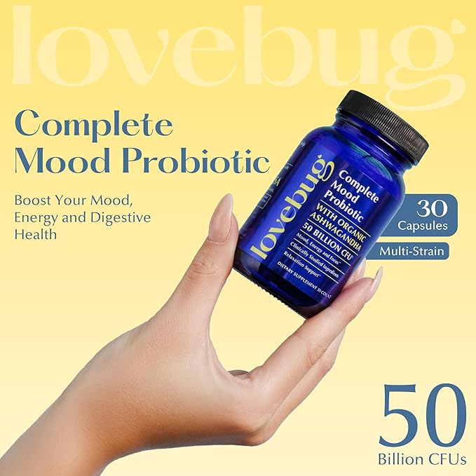 LoveBug Complete Mood Probiotics for Women - 50 Billion CFU, 10 Clinically Studied Strains, Lactobacillus Bifidobacterium Probiotic with Ashwagandha Digestive Health, Mood Support Supplement, 30 Count
