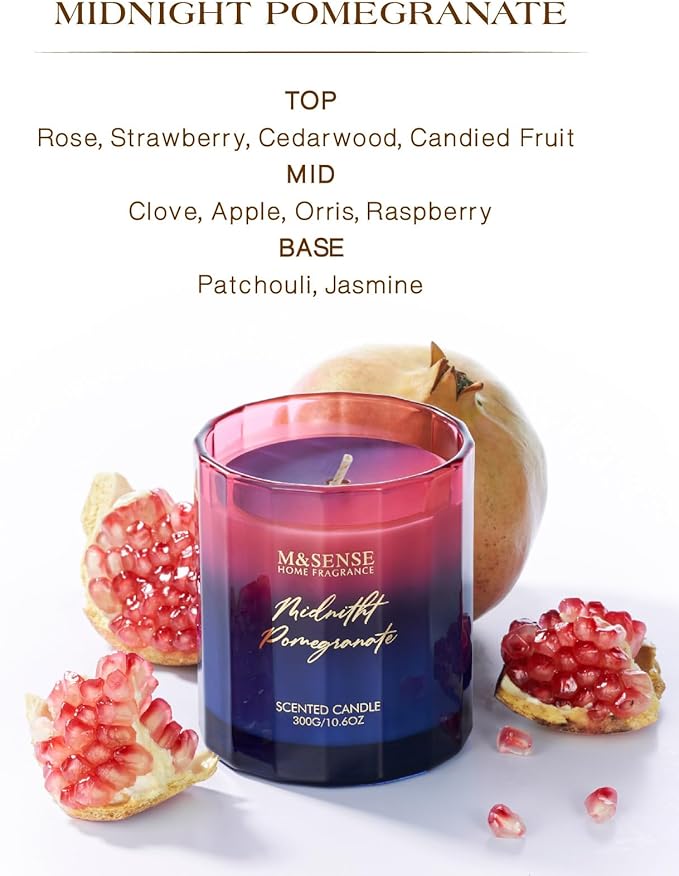 M&SENSE Midnight Pomegranate Scented Candles for Home, 10.6oz 60 Hours Natural Soy Wax Clean Burning Aromatherapy Candle for Thanksgiving Christmas Home Decor