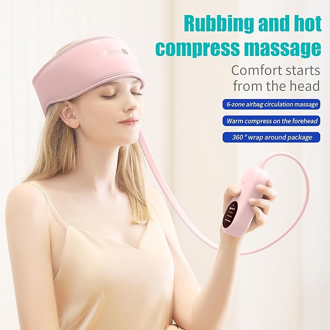 Head Massager,Scalp Massager,Relief Headaches,Fatigue,Stress,Sleep aid,Hangover with Airbag Kneading,Constant Temperature Hot Compress for Head (Pink)