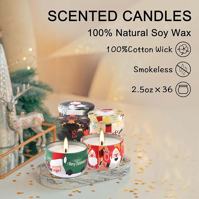 36 Packs Christmas Scented Candles Gift- Aromatherapy Candle-2.5oz Soy Wax-Long Lasting Burn time, Christmas Thanksgiving Gifts, Home Decor