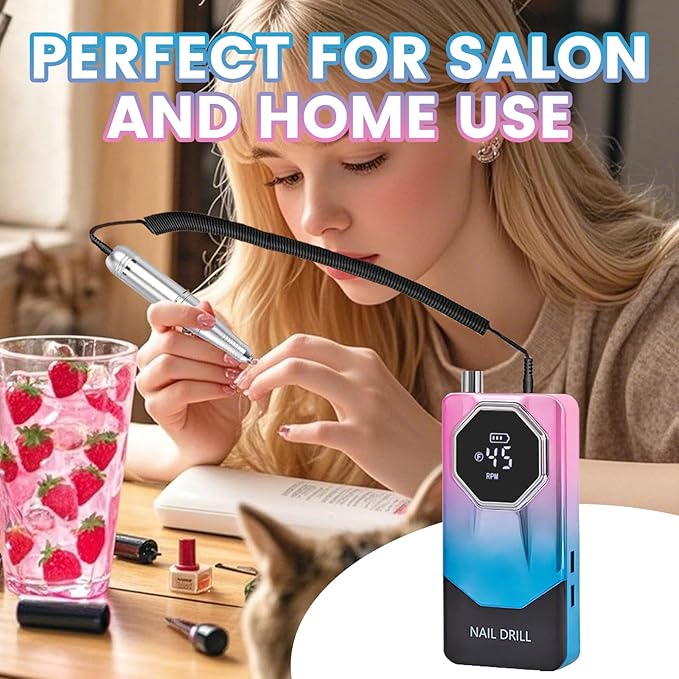 45000RPM Professional Cordless Portable Nail Drill Cordless Low Noise Nail Filer Electric Machine with Efile Bits & Base for Acrylic Nails, Nail Buffer Machine for Salon Home (Pink and Blue)