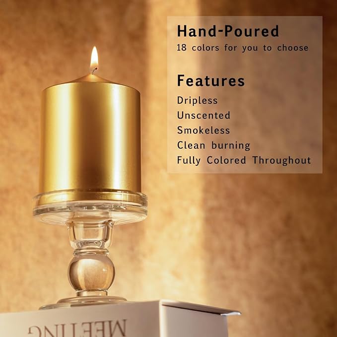 MOZEAL 3" x 6" Hand-Poured Unscented Gold Pillar Candles,Dripless Candles Set of 3,Long Lasting Burning,Approx 100 Hours Burn Time for Wedding,Dinner,Christmas and Home Decor